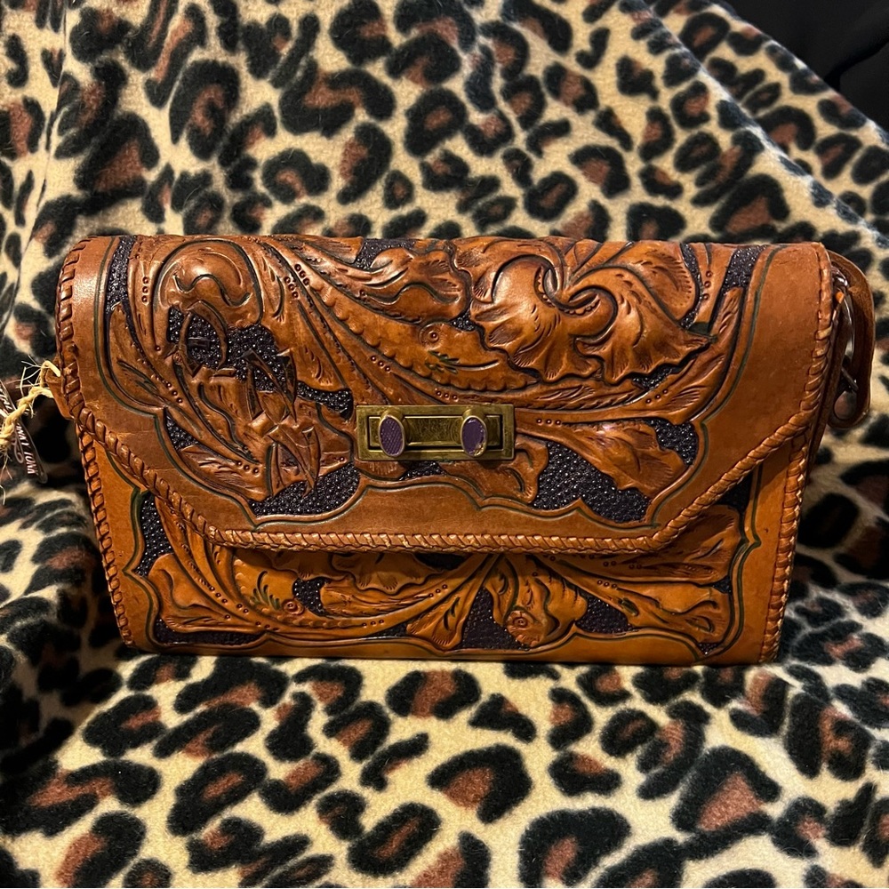 Hand Tooled Vintage Leather Bag with Irises